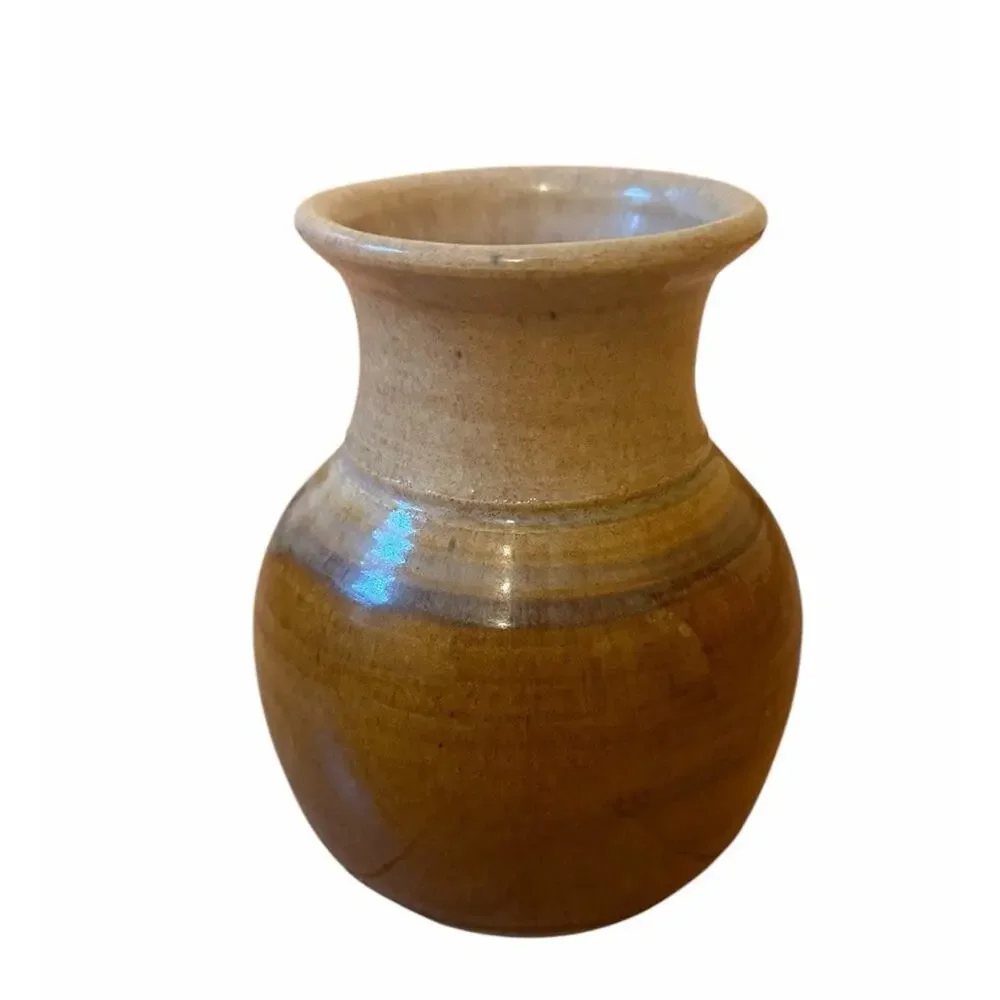 Vintage Clay Hand Thrown Studio Art Pottery Vase SIGNED Earth-tone Swirl Glaze
